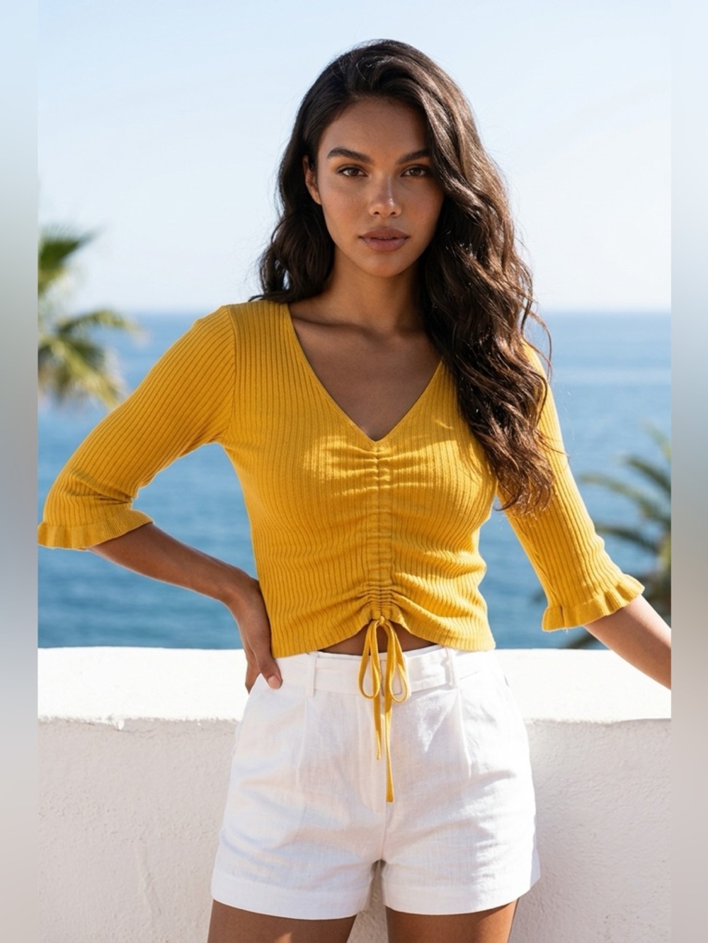 Verte Ribbed V-Neck Drawstring Top - Mustard